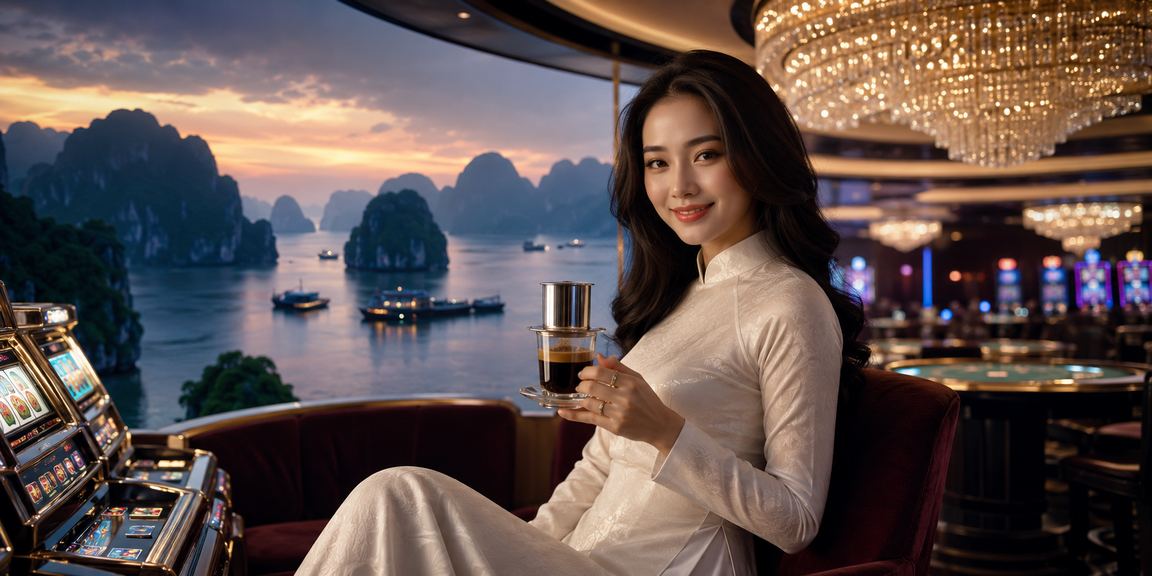 Phụ nữ Việt Nam mặc áo dài chơi slot game trên vịnh Hạ Long với bầu không khí lễ hội