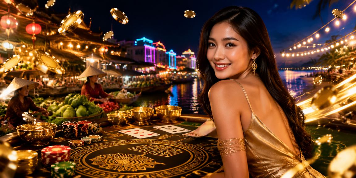 Bàn baccarat với ánh đèn neon phản chiếu trên mặt nước miền Tây sông nước